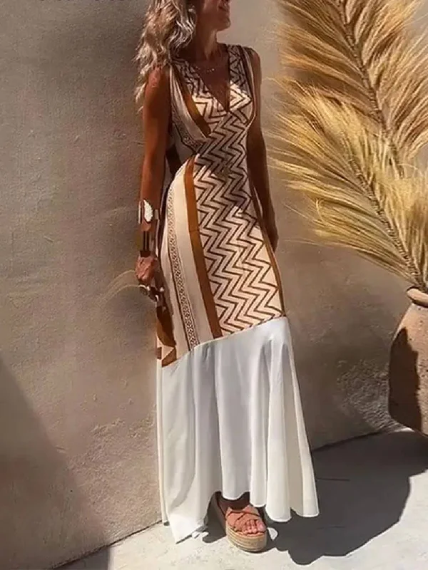 Ethnic Print Patchwork Charming A-line Maxi Dress Comfortable Bohemian Maxi Dress