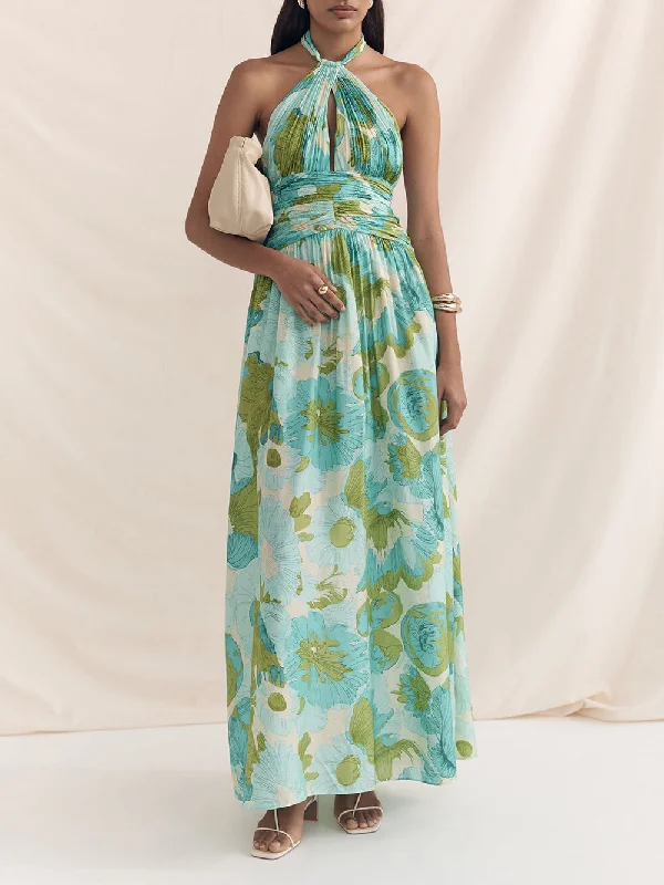 Elegant Versatile Halter Neck Graceful Printed Pleated Maxi Dress Comfortable Ruffle Hem Maxi Dress Elegant Versatile Halter Neck Graceful Printed Pleated Maxi Dress Comfortable Ruffle Hem Maxi Dress