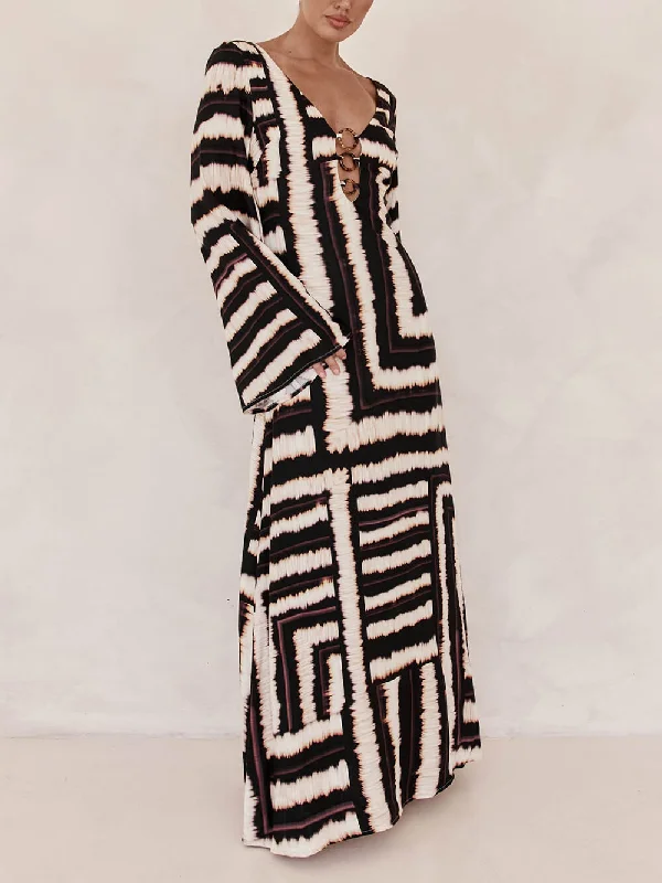 Bohemian Style Unique Printed Graceful V Tie Ring Maxi Dress Cozy Maxi Dress with Slit Bohemian Style Unique Printed Graceful V Tie Ring Maxi Dress Cozy Maxi Dress with Slit