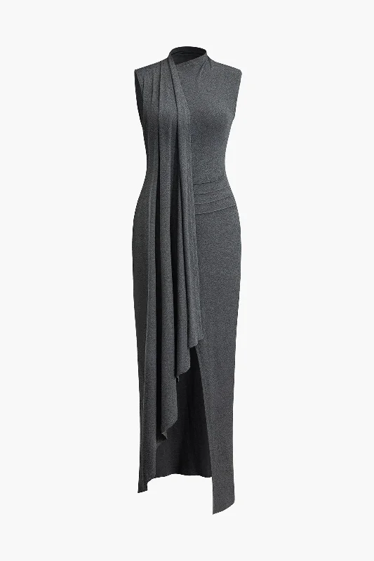 Wrap Slit Mock Charming Neck Sleeveless Maxi Dress Trendy Off-Shoulder Ruffle Maxi Dress Wrap Slit Mock Charming Neck Sleeveless Maxi Dress Trendy Off-Shoulder Ruffle Maxi Dress