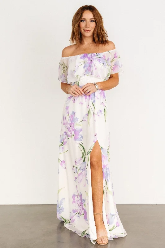 Daphne Off Shoulder Maxi Dress | Ivory + Lavender Floral Stylish Long Sleeve Maxi Dress Daphne Off Shoulder Maxi Dress | Ivory + Lavender Floral Stylish Long Sleeve Maxi Dress