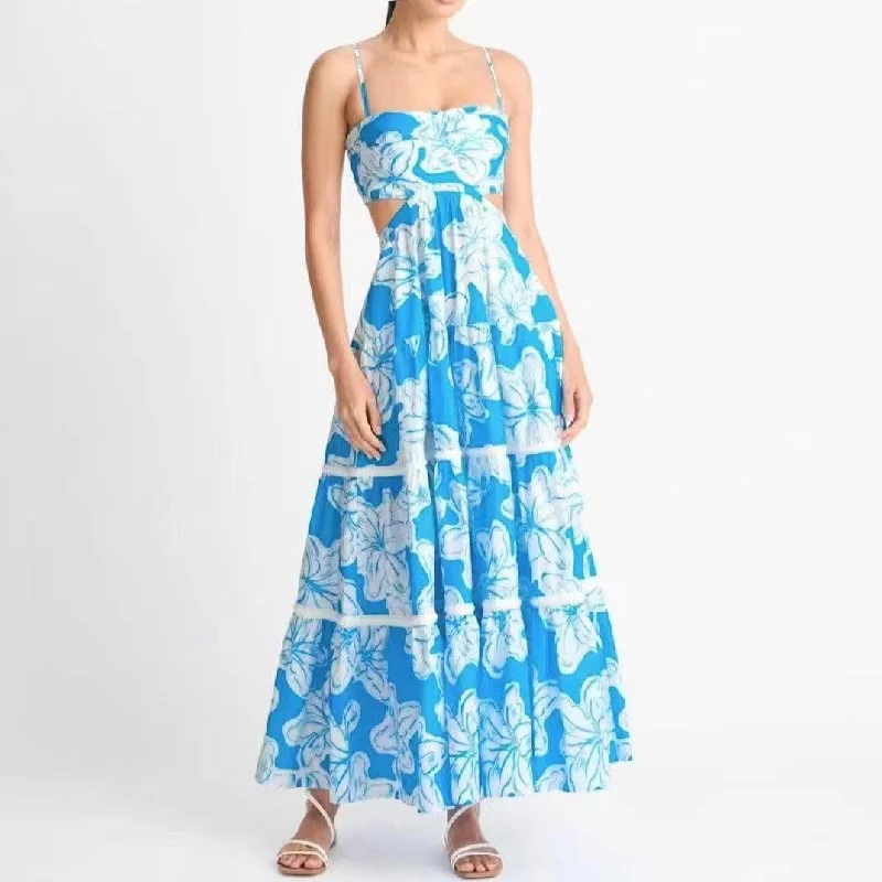 KittenAlarm - Diane Spaghetti Strap Hollow Out Aloha Print Maxi Dress Comfortable Maxi Dress with Slits KittenAlarm - Diane Spaghetti Strap Hollow Out Aloha Print Maxi Dress Comfortable Maxi Dress with Slits
