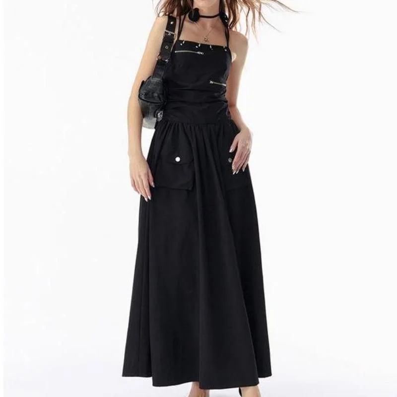 Elegant Basic Solid Black Backless Bandage Maxi Dress with Pockets Fashionable Open-Back Maxi Dress Elegant Basic Solid Black Backless Bandage Maxi Dress with Pockets Fashionable Open-Back Maxi Dress
