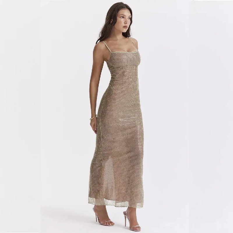 Elegant Sparkle Maxi Dress with Spaghetti Straps and Split Comfortable Ruffle Hem Maxi Dress Elegant Sparkle Maxi Dress with Spaghetti Straps and Split Comfortable Ruffle Hem Maxi Dress