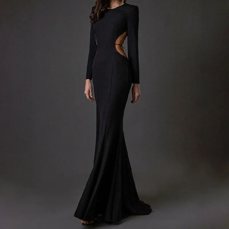 KittenAlarm - Eliza Long Sleeve Round Neck Backless Maxi Dress Stylish Button-Up Maxi Dress KittenAlarm - Eliza Long Sleeve Round Neck Backless Maxi Dress Stylish Button-Up Maxi Dress