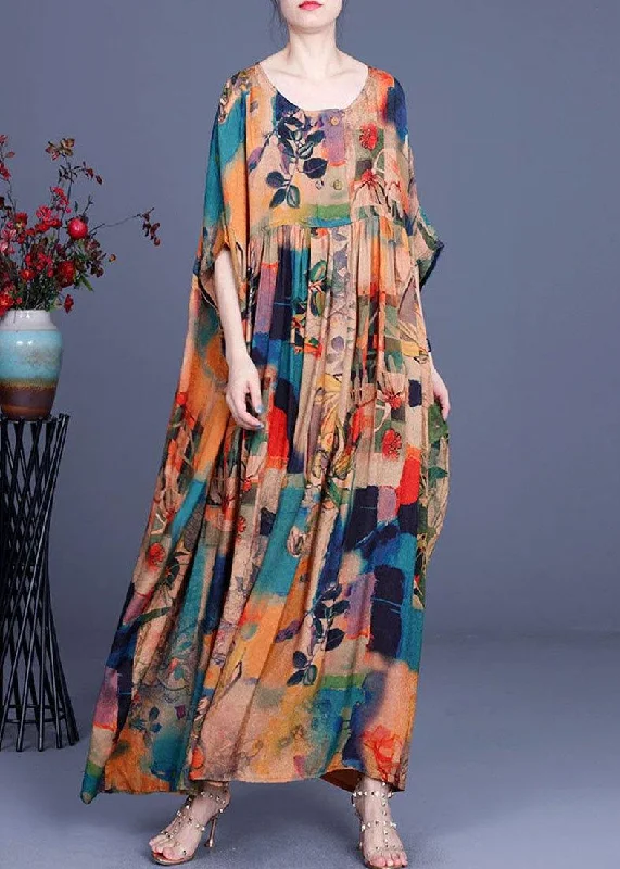 French Orange Print Button Batwing Sleeve Chiffon Summer Maxi Dresses Comfortable Bohemian Maxi Dress French Orange Print Button Batwing Sleeve Chiffon Summer Maxi Dresses Comfortable Bohemian Maxi Dress