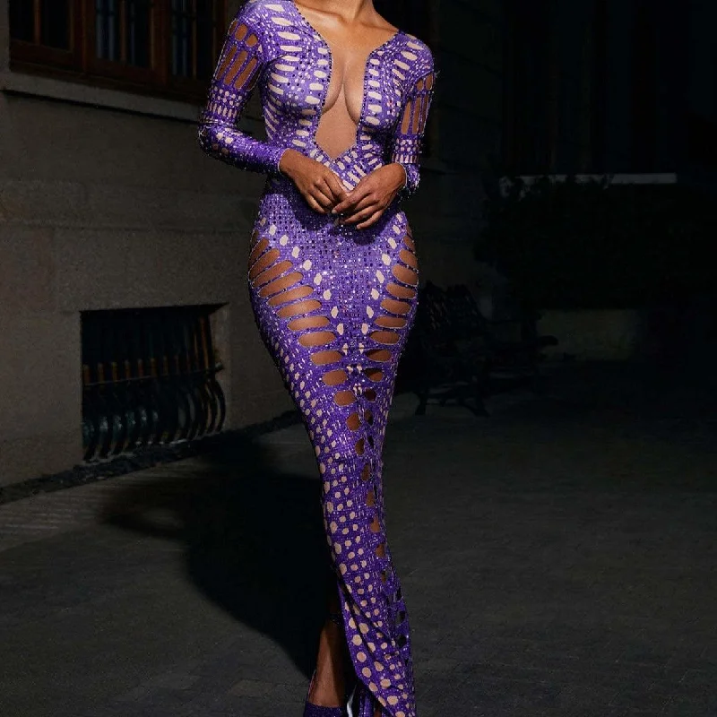 KittenAlarm - Gertie Purple Rhinestone Cutout Maxi Dress Stylish Boho Chic Maxi Dress KittenAlarm - Gertie Purple Rhinestone Cutout Maxi Dress Stylish Boho Chic Maxi Dress
