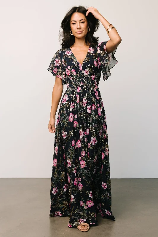 Lynlee Metallic Maxi Dress | Dark Blue + Pink Classic V-Neck Maxi Dress