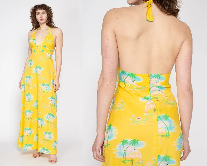 Medium 70s Yellow Flamingo & Palm Tree Print Halter Maxi Dress Trendy Short Sleeve Maxi Dress Medium 70s Yellow Flamingo & Palm Tree Print Halter Maxi Dress Trendy Short Sleeve Maxi Dress