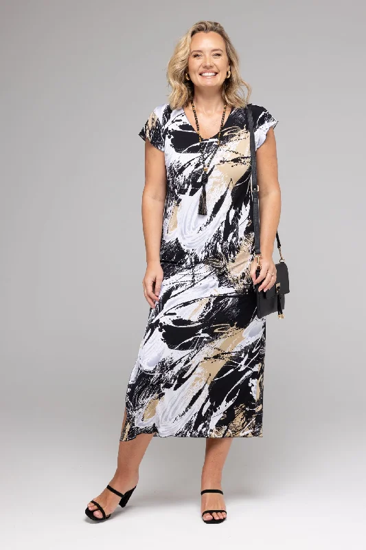 Molton Print Short Sleeve Jersey Maxi Dress Fashionable High-Waist Maxi Dress