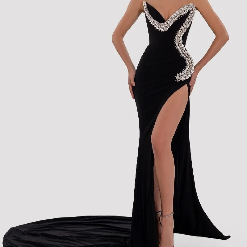 KittenAlarm - Pauline Strapless Crystal Embellishment Side Slit Maxi Dress Comfortable Maxi Dress with Sleeves KittenAlarm - Pauline Strapless Crystal Embellishment Side Slit Maxi Dress Comfortable Maxi Dress with Sleeves