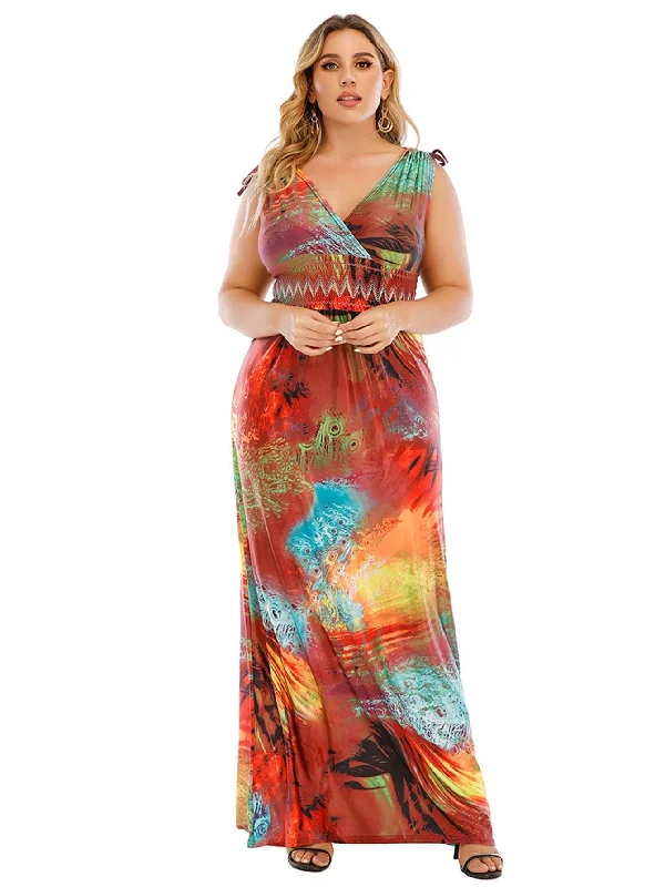 KittenAlarm - Plus Size M-6XL Surplice Front Elastic Waist Multicolor Fantastic Maxi Dress Comfortable Bohemian Maxi Dress