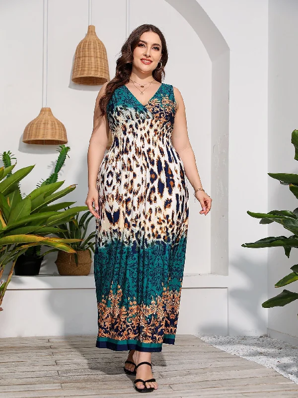KittenAlarm - Plus Size V-neck Print Maxi Dress Beach Dress Cozy Knit Maxi Dress
