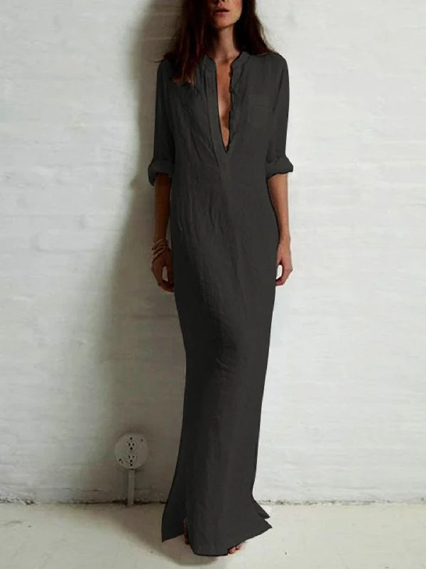 Simple Ramie Cotton Solid Modern Color Split-Side Maxi Dress Elegant Wraparound Maxi Dress Simple Ramie Cotton Solid Modern Color Split-Side Maxi Dress Elegant Wraparound Maxi Dress