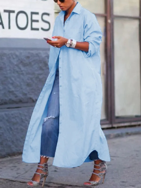 Simple Loose Buttoned Solid Modern Color Lapel Maxi Dresses Trendy Maxi Dress with Belt Simple Loose Buttoned Solid Modern Color Lapel Maxi Dresses Trendy Maxi Dress with Belt