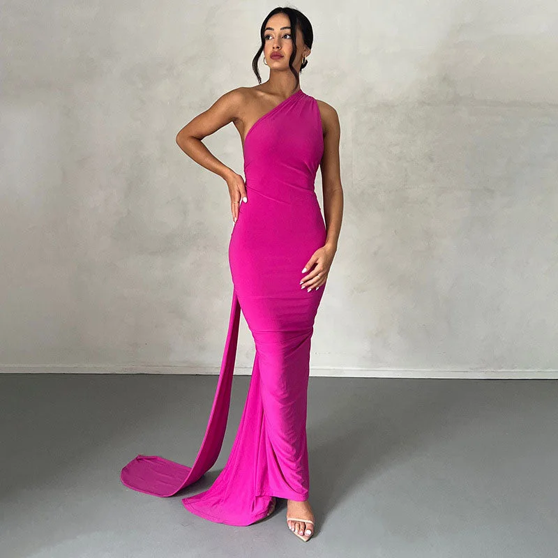 Solid Color One Shoulder Ruched Classic Evening Maxi Dress - Black Fashionable Button-Down Maxi Dress Solid Color One Shoulder Ruched Classic Evening Maxi Dress - Black Fashionable Button-Down Maxi Dress