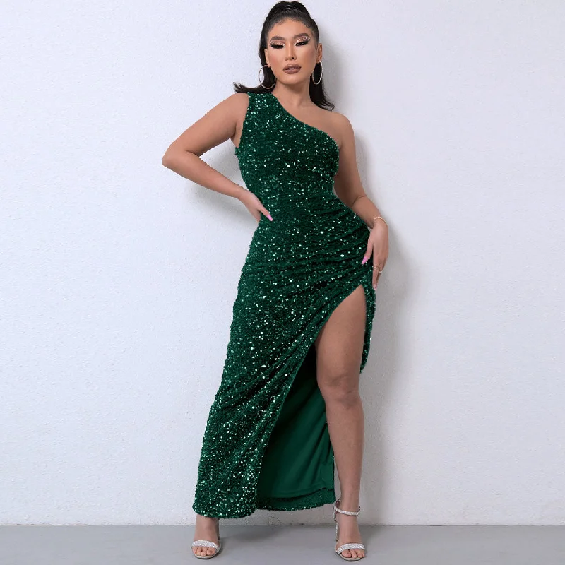 Shimmery Sequin High Split One Shoulder Sophisticated Gown Maxi Dress - Dark Gray Trendy Satin Maxi Dress Shimmery Sequin High Split One Shoulder Sophisticated Gown Maxi Dress - Dark Gray Trendy Satin Maxi Dress