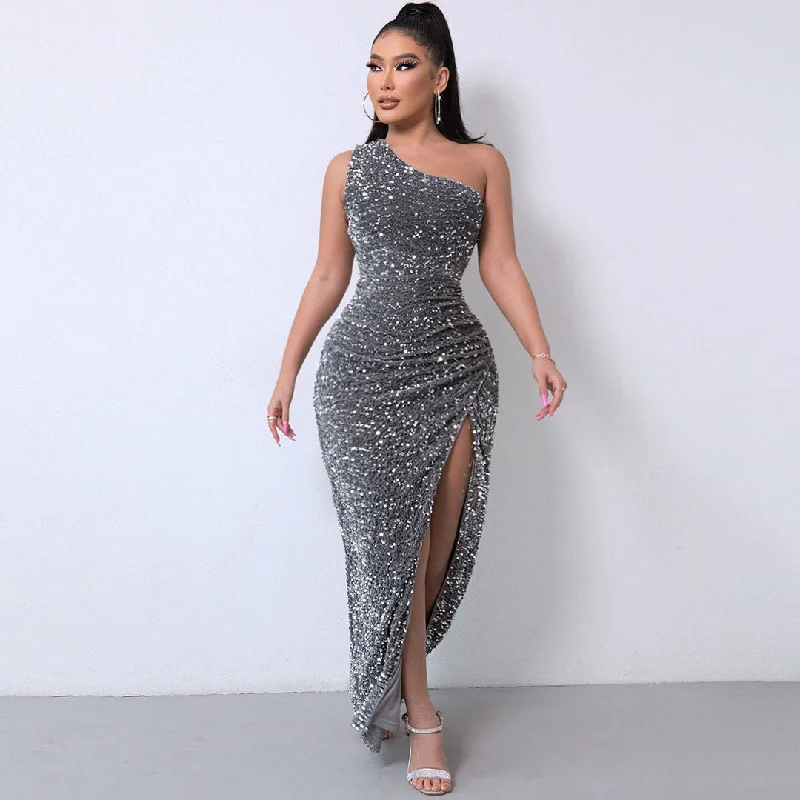 Shimmery Sequin High Split One Classic Shoulder Gown Maxi Dress - Burgundy Comfortable Maxi Dress with Slits Shimmery Sequin High Split One Classic Shoulder Gown Maxi Dress - Burgundy Comfortable Maxi Dress with Slits