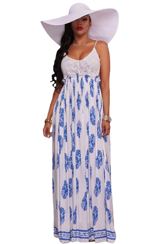 White Blue Print Open Back Maxi Dress Stylish V-Neck Maxi Dress