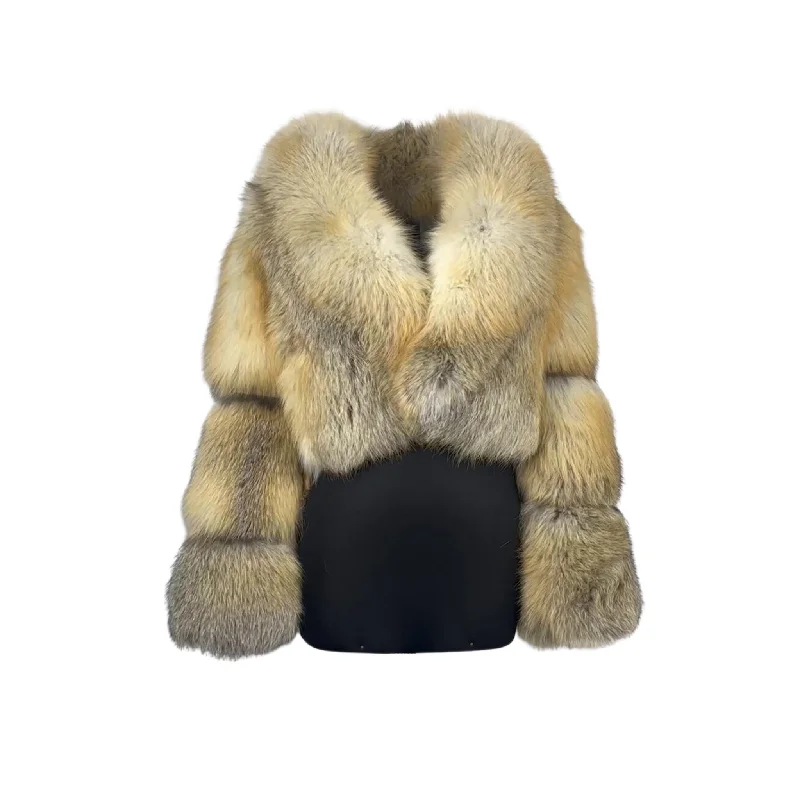Women's Cropped Golden Island Fox Fur Jacket Style # 6001 Denim Fabric Leather Fabric Suede Fabric Women's Cropped Golden Island Fox Fur Jacket Style # 6001 Denim Fabric Leather Fabric Suede Fabric