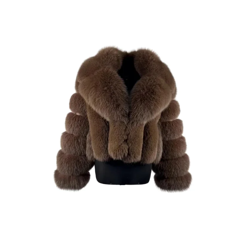 Women's CHOCOLATE BROWN Fox  Fur  Jacket Style # 6006 C Ribbed Jacket Pleated Jacket Ruffled Jacket