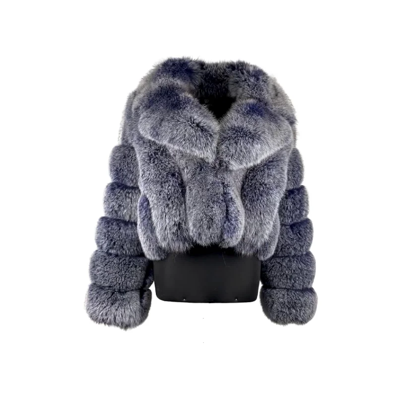 Women's NAVY BRISSA Fox Fur Jacket Style # 6006 Ribbed Jacket Pleated Jacket Ruffled Jacket Women's NAVY BRISSA Fox Fur Jacket Style # 6006 Ribbed Jacket Pleated Jacket Ruffled Jacket