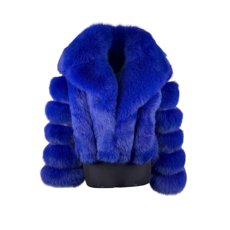 Women's ROYAL BLUE Fox Fur Jacket Style # 6006 Ribbed Jacket Pleated Jacket Ruffled Jacket Women's ROYAL BLUE Fox Fur Jacket Style # 6006 Ribbed Jacket Pleated Jacket Ruffled Jacket
