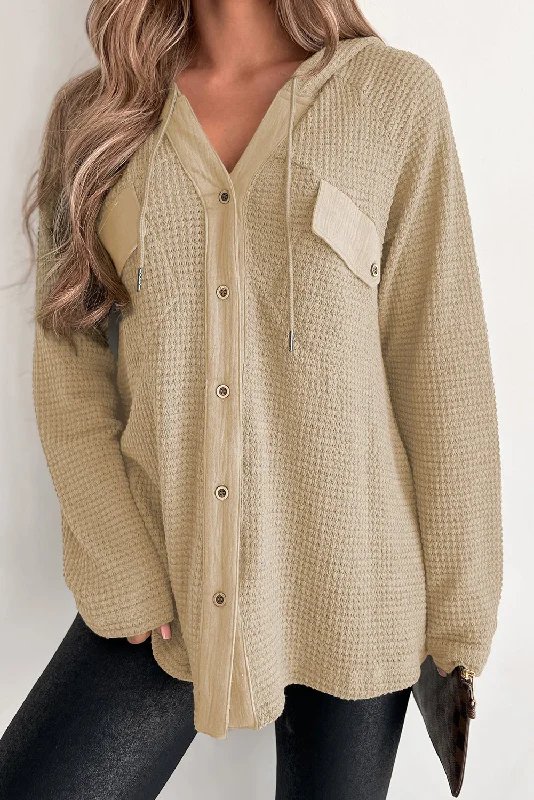 Apricot Thermal Waffle Knit Hooded Shacket Hoodie with High-Low Hem Asymmetrical Trendy Apricot Thermal Waffle Knit Hooded Shacket Hoodie with High-Low Hem Asymmetrical Trendy