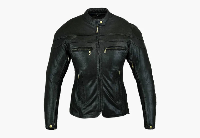 BGA Sturgis Women Leather Motorcycle Jacket Black Front Pockets Side Pockets Patch Pockets BGA Sturgis Women Leather Motorcycle Jacket Black Front Pockets Side Pockets Patch Pockets
