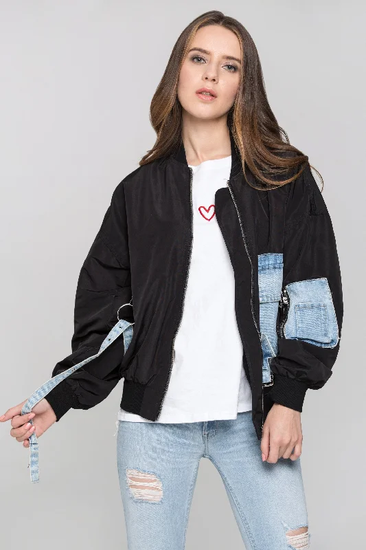 Black and Denim Panel Bomber Jacket Snapped Jacket Toggled Jacket Drawstring Jacket Black and Denim Panel Bomber Jacket Snapped Jacket Toggled Jacket Drawstring Jacket