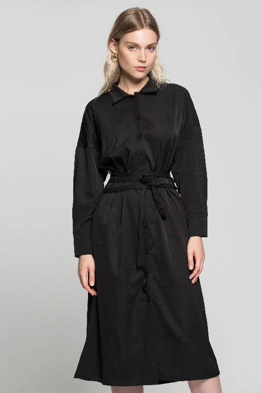 Black Button Up Jacket Dress with Criss Cross Strap Belt Boat Neck Shawl Collar Notched Collar Black Button Up Jacket Dress with Criss Cross Strap Belt Boat Neck Shawl Collar Notched Collar