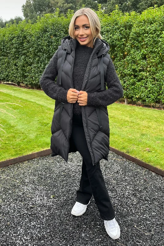 Black Hooded Zip Up Padded Gilet Hoodie with Slim Fit Tailored Modern