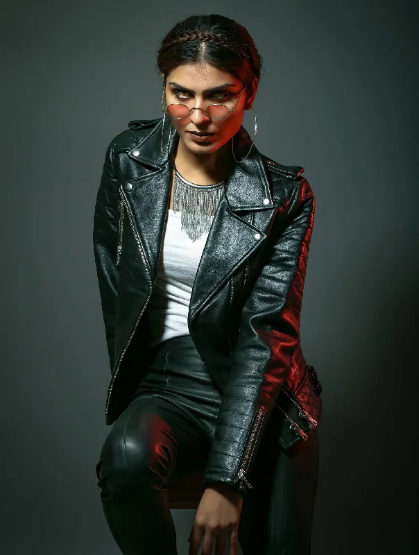 Women Diamond Quilted Black Leather Jacket Elasticated Jacket Padded Jacket Insulated Jacket