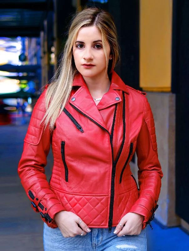 Womens Savannah Red Quilted Motorcycle Jacket Rayon Fabric Velvet Fabric Corduroy Fabric Womens Savannah Red Quilted Motorcycle Jacket Rayon Fabric Velvet Fabric Corduroy Fabric
