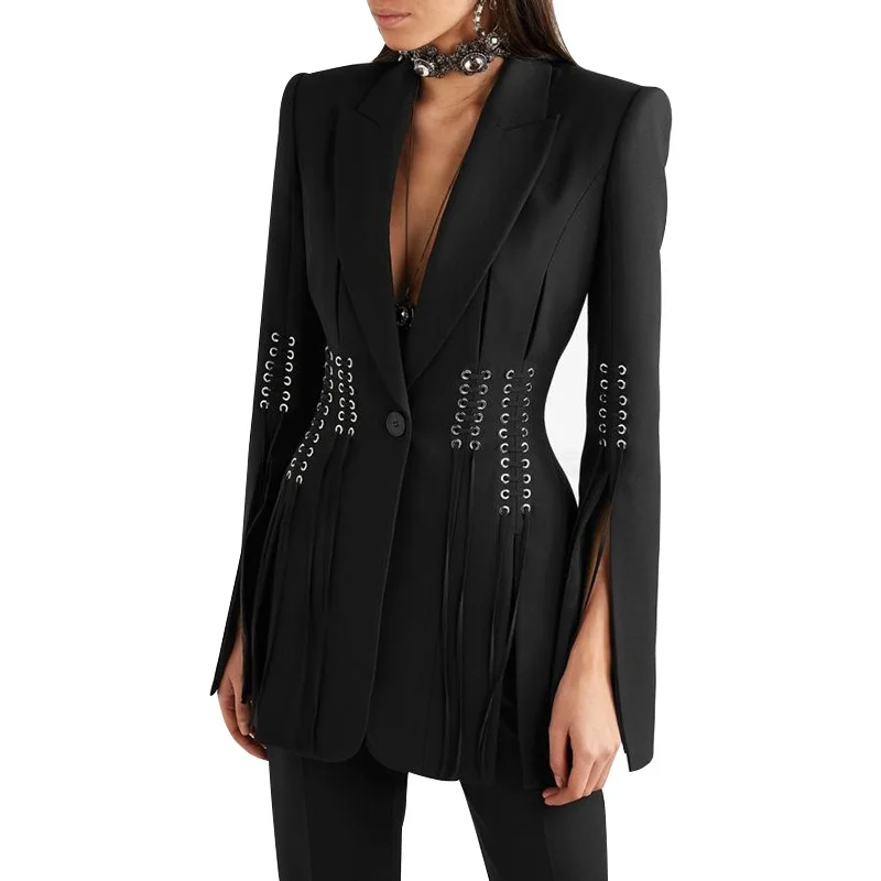 Casual Women's Lace-Up Design Black Blazer / One-Button Split Suit Jacket / Female Fashion Clothes A-Line Jacket Boat Neck Shawl Collar Casual Women's Lace-Up Design Black Blazer / One-Button Split Suit Jacket / Female Fashion Clothes A-Line Jacket Boat Neck Shawl Collar