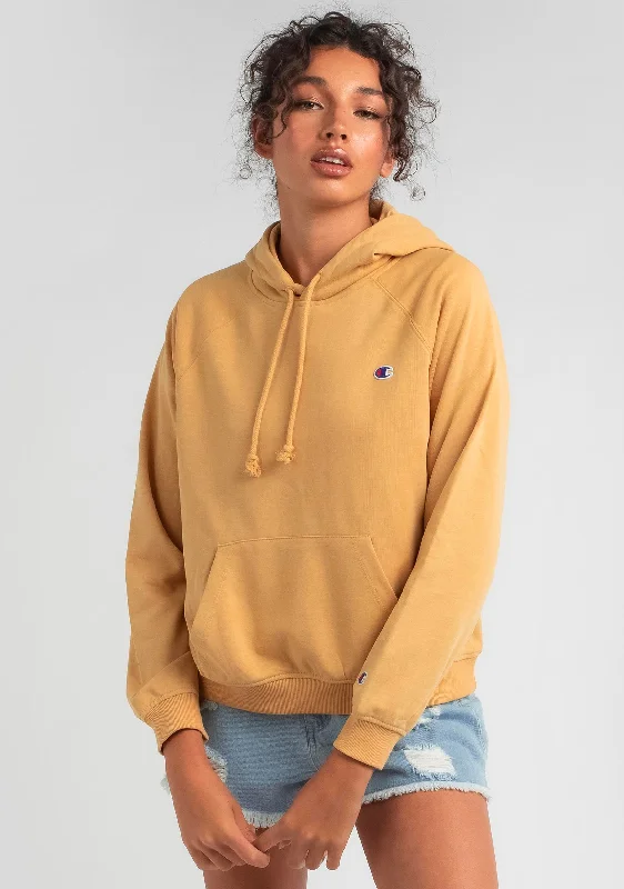 Champion Womens French Terry Script Hoodie Mustard <br> CT6XN GQQ Hoodie with Drawstring Waist Adjustable Fitted Champion Womens French Terry Script Hoodie Mustard <br> CT6XN GQQ Hoodie with Drawstring Waist Adjustable Fitted