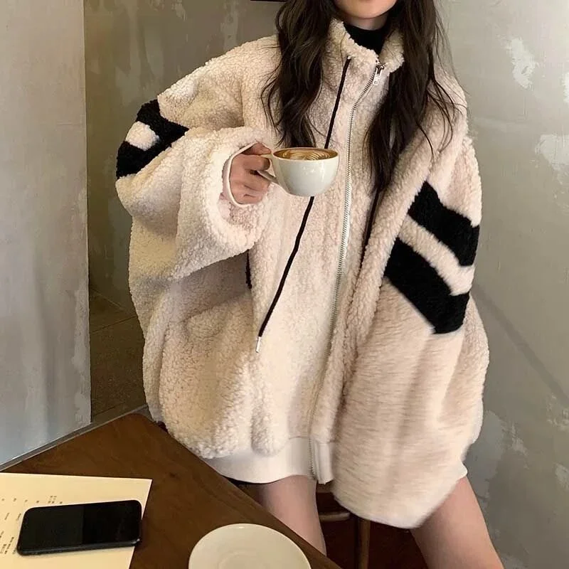 Getadme Women Zipper Jackets Harajuku Oversized Hoodies Korean Streetwear Faux Lamb Fleece Winter Stripe Coats Casual Outerwear Oversized Hoodie Comfort Casual Getadme Women Zipper Jackets Harajuku Oversized Hoodies Korean Streetwear Faux Lamb Fleece Winter Stripe Coats Casual Outerwear Oversized Hoodie Comfort Casual