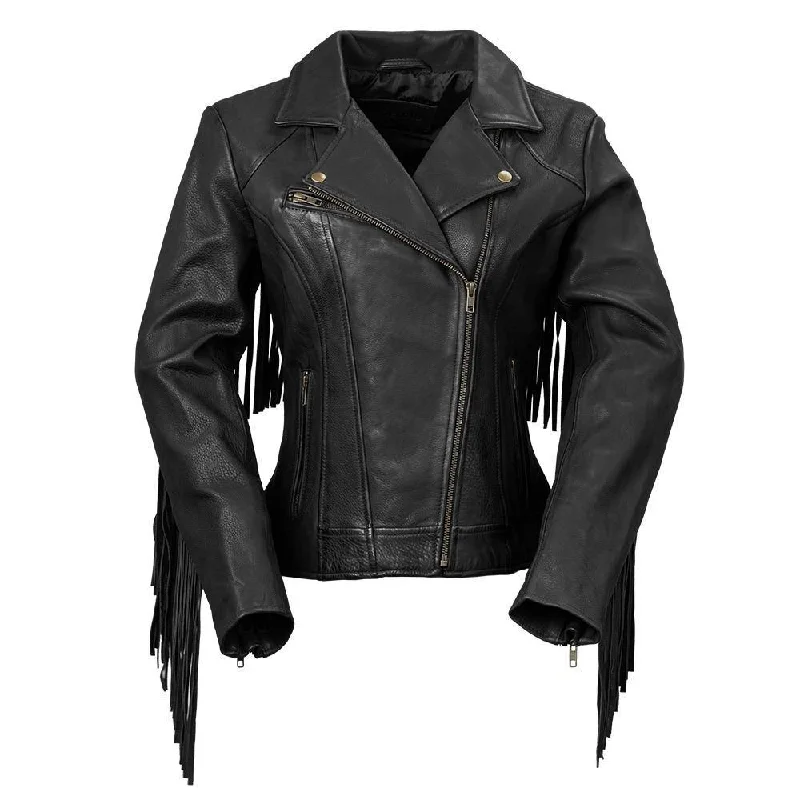 First Manufacturing Daisy - Women's Fringe Motorcycle Leather Jacket Collared Jacket Crew Neck Jacket Turtle Neck Jacket First Manufacturing Daisy - Women's Fringe Motorcycle Leather Jacket Collared Jacket Crew Neck Jacket Turtle Neck Jacket