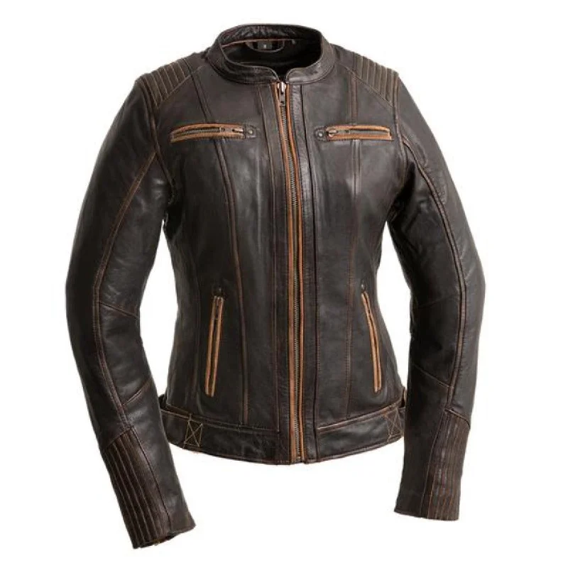 First Manufacturing Electra - Women's Leather Motorcycle Jacket, Distressed Brown Hooded Jacket Caped Jacket Shawl Collar Jacket First Manufacturing Electra - Women's Leather Motorcycle Jacket, Distressed Brown Hooded Jacket Caped Jacket Shawl Collar Jacket