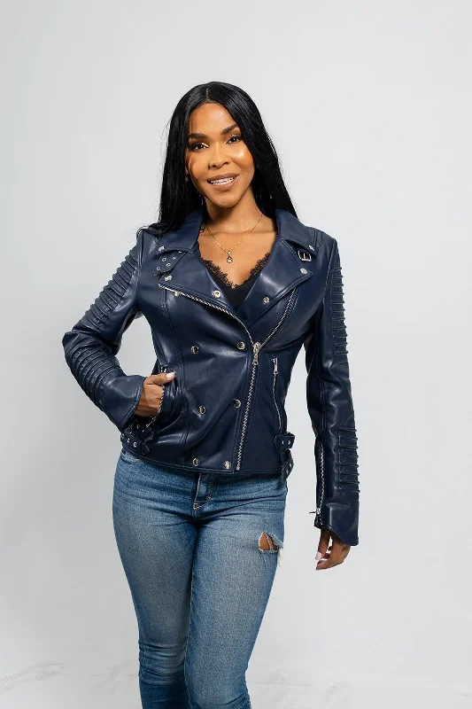 First Manufacturing Paris - Women's Vegan Leather Jacket, Navy Blue Front Pockets Side Pockets Patch Pockets First Manufacturing Paris - Women's Vegan Leather Jacket, Navy Blue Front Pockets Side Pockets Patch Pockets