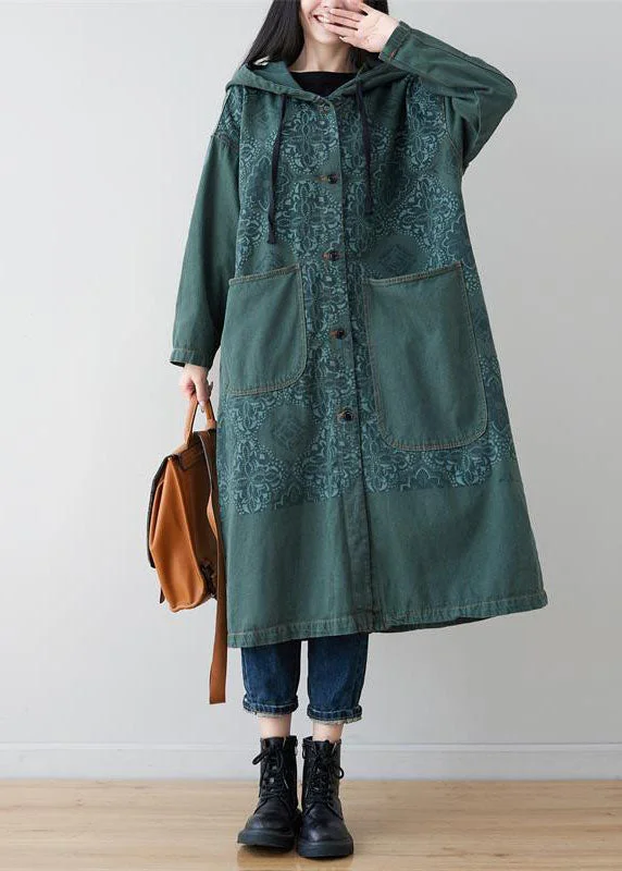 French Green Patchwork Print Denim Hoodies Outwear Spring Hoodie with Drawstring Waist Adjustable Fitted French Green Patchwork Print Denim Hoodies Outwear Spring Hoodie with Drawstring Waist Adjustable Fitted
