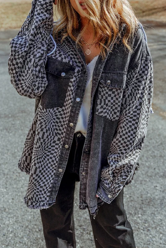 Gray Checked Patchwork Frayed Hem Hooded Denim Shacket Hoodie with Exposed Zipper Edgy Industrial Gray Checked Patchwork Frayed Hem Hooded Denim Shacket Hoodie with Exposed Zipper Edgy Industrial