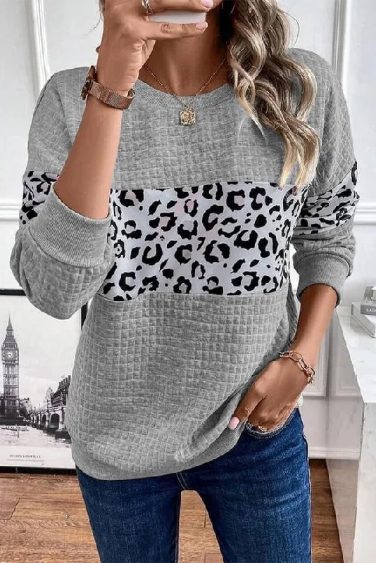 Gray Leopard Quilted Patchwork Crew Neck Sweatshirt Hoodie with Snap Buttons Easy Quick Gray Leopard Quilted Patchwork Crew Neck Sweatshirt Hoodie with Snap Buttons Easy Quick