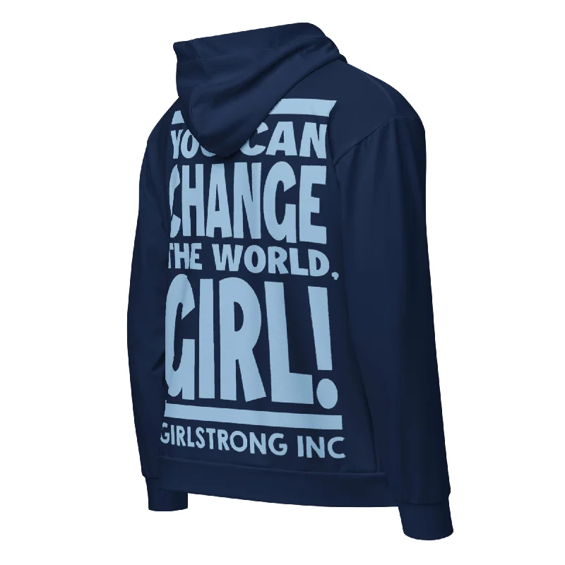 GS GRAPHIX ZIP HOODIE NAVY - YOU CAN CHANGE THE WORLD, GIRL! Hoodie with Distressed Vintage Worn GS GRAPHIX ZIP HOODIE NAVY - YOU CAN CHANGE THE WORLD, GIRL! Hoodie with Distressed Vintage Worn