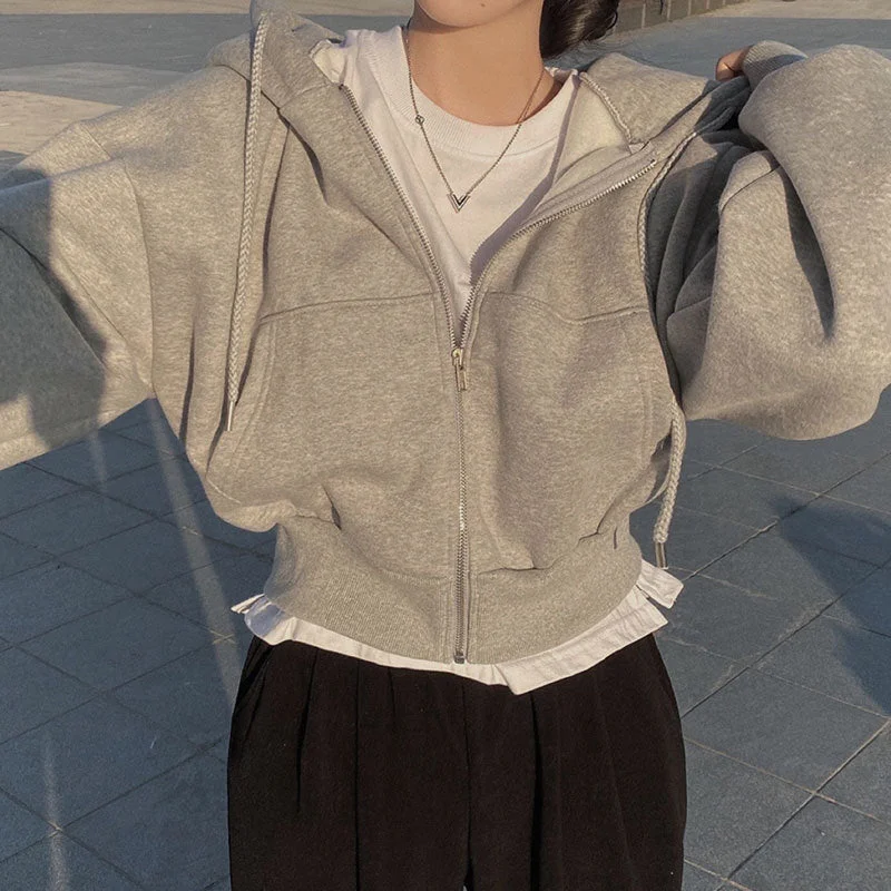 hoombox Hip-hop Style Short Loose Solid Color Hoodie Hoodie with High Neck Warm Protective hoombox Hip-hop Style Short Loose Solid Color Hoodie Hoodie with High Neck Warm Protective