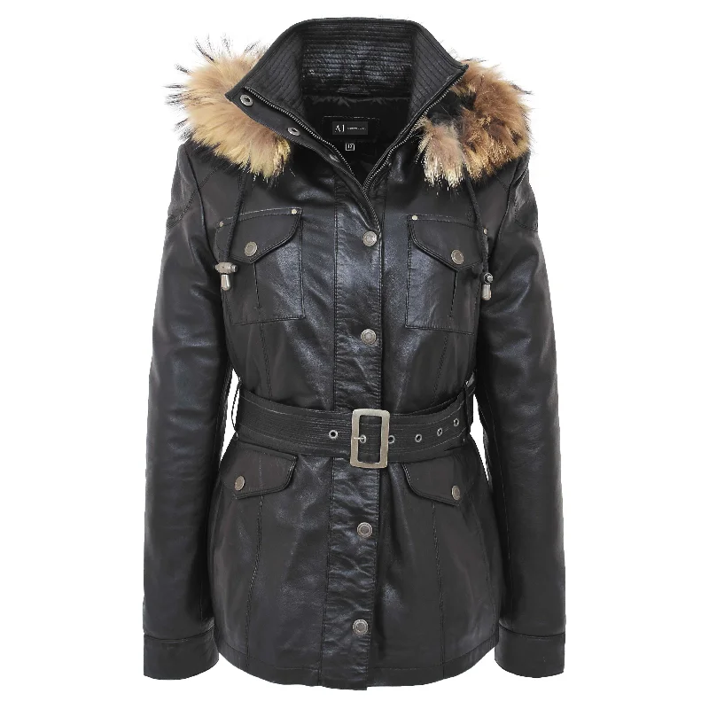 Ladies Black Leather Duffle Coat Belted Removable Hood Parka Jacket Sarah Zip Front Button Front Snap Front Ladies Black Leather Duffle Coat Belted Removable Hood Parka Jacket Sarah Zip Front Button Front Snap Front