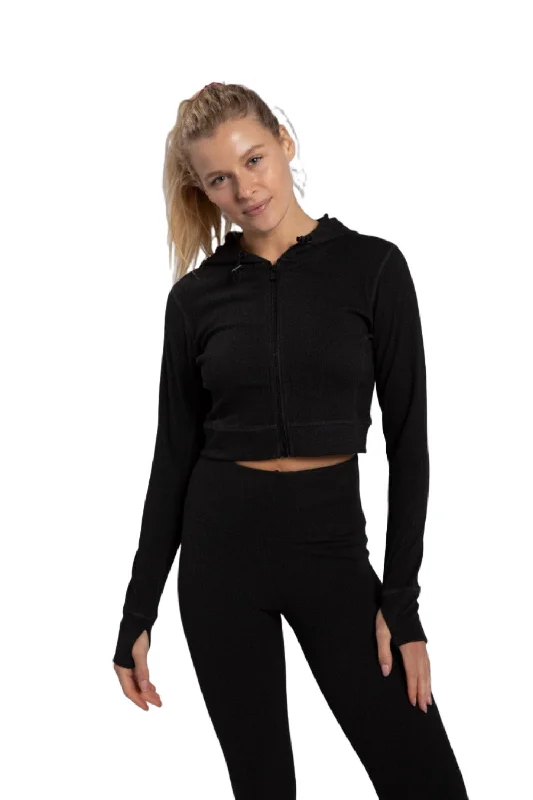Mono B Cropped Zip Hoodie with Thumbholes AJ-A1061 Hoodie with Hem Applique Textured Unique Mono B Cropped Zip Hoodie with Thumbholes AJ-A1061 Hoodie with Hem Applique Textured Unique