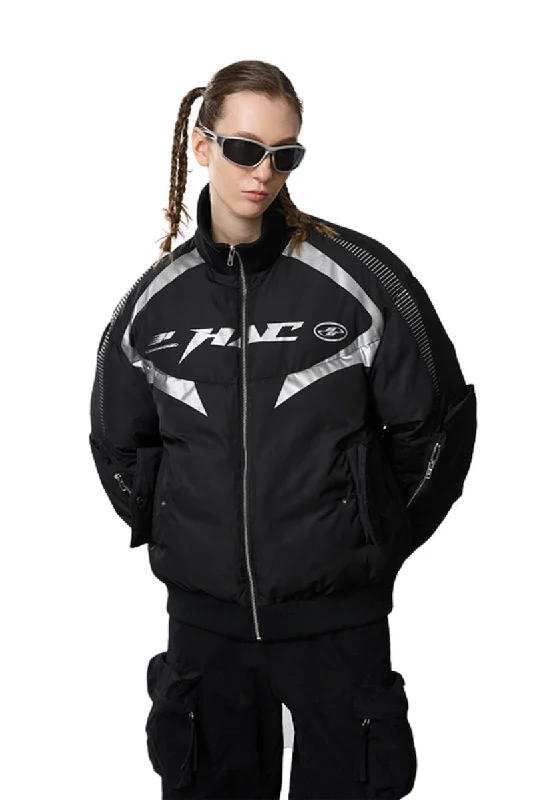 Multi Pocket Silver Logo Motor Down Jacket Faux Fur Fabric Real Fur Fabric Shearling Fabric Multi Pocket Silver Logo Motor Down Jacket Faux Fur Fabric Real Fur Fabric Shearling Fabric