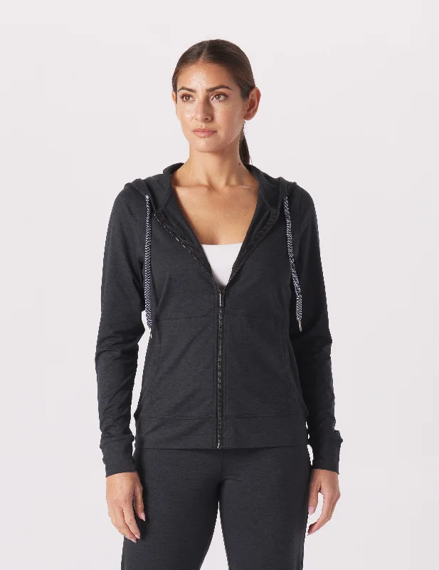 On The Go Lightweight Zip Up Hoodie: Black Marble Hoodie with Hem Ribbing Snug Secure On The Go Lightweight Zip Up Hoodie: Black Marble Hoodie with Hem Ribbing Snug Secure