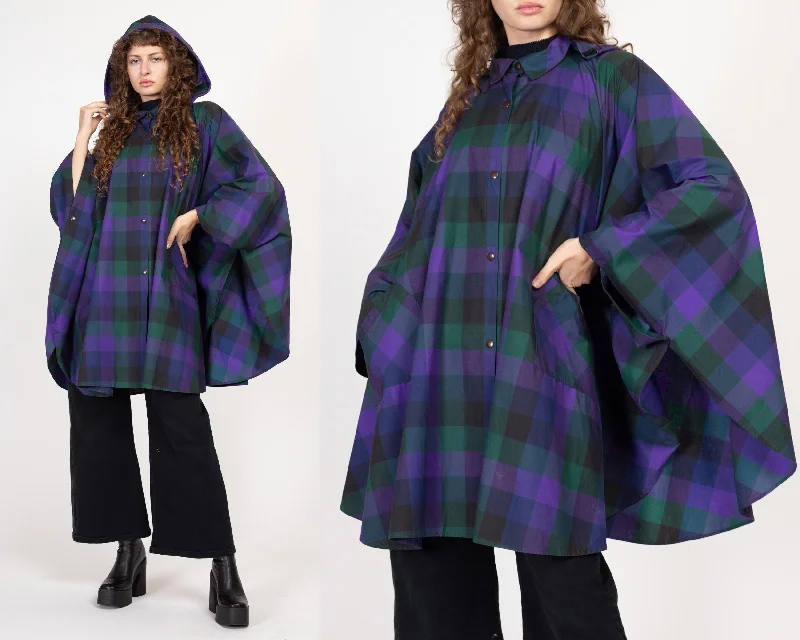 One Size 90s Purple Plaid Hooded Rain Poncho Hoodie with Reflective Safety Nightwear One Size 90s Purple Plaid Hooded Rain Poncho Hoodie with Reflective Safety Nightwear